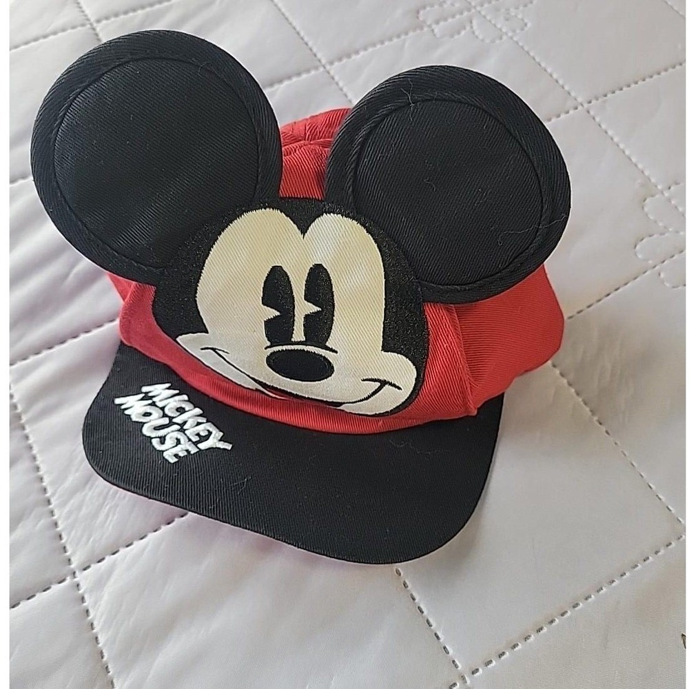 Disney Parks Mickey Mouse Kids Baseball Hat Red Black 3D Ears Elastic Back Cap